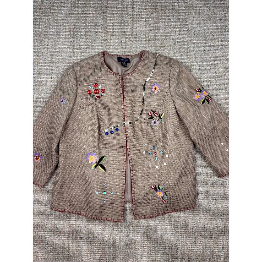 🌸 Focus 2000 Beaded Embroidered Tweed Jacket | 18W | Taupe Multi